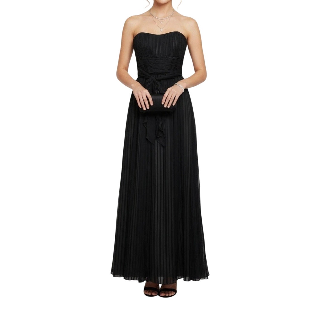 Bcbgmaxazria Black Monochrome Stripe 100% Silk Crepe Strapless Full Length Dress